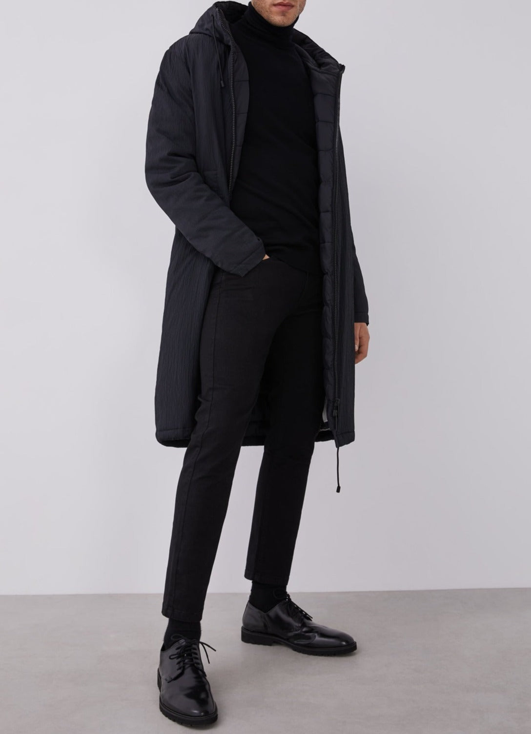 Men Long Jacket | Black Long Wrinkled Parka by Spanish designer Adolfo Dominguez