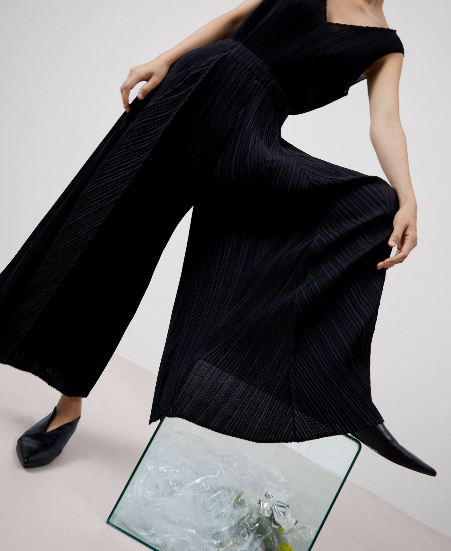 Women Trousers | Black Loose Crinkle Trousers by Spanish designer Adolfo Dominguez