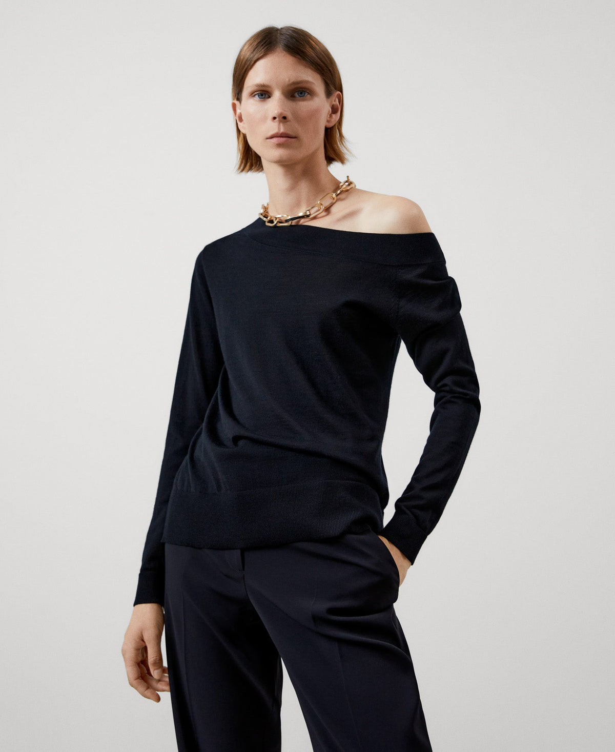 Women Jersey | Black Merino Wool Asymmetric Sweater by Spanish designer Adolfo Dominguez