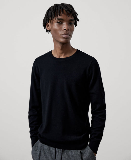 Men Jersey | Black Merino Wool Crew Neck Sweater by Spanish designer Adolfo Dominguez
