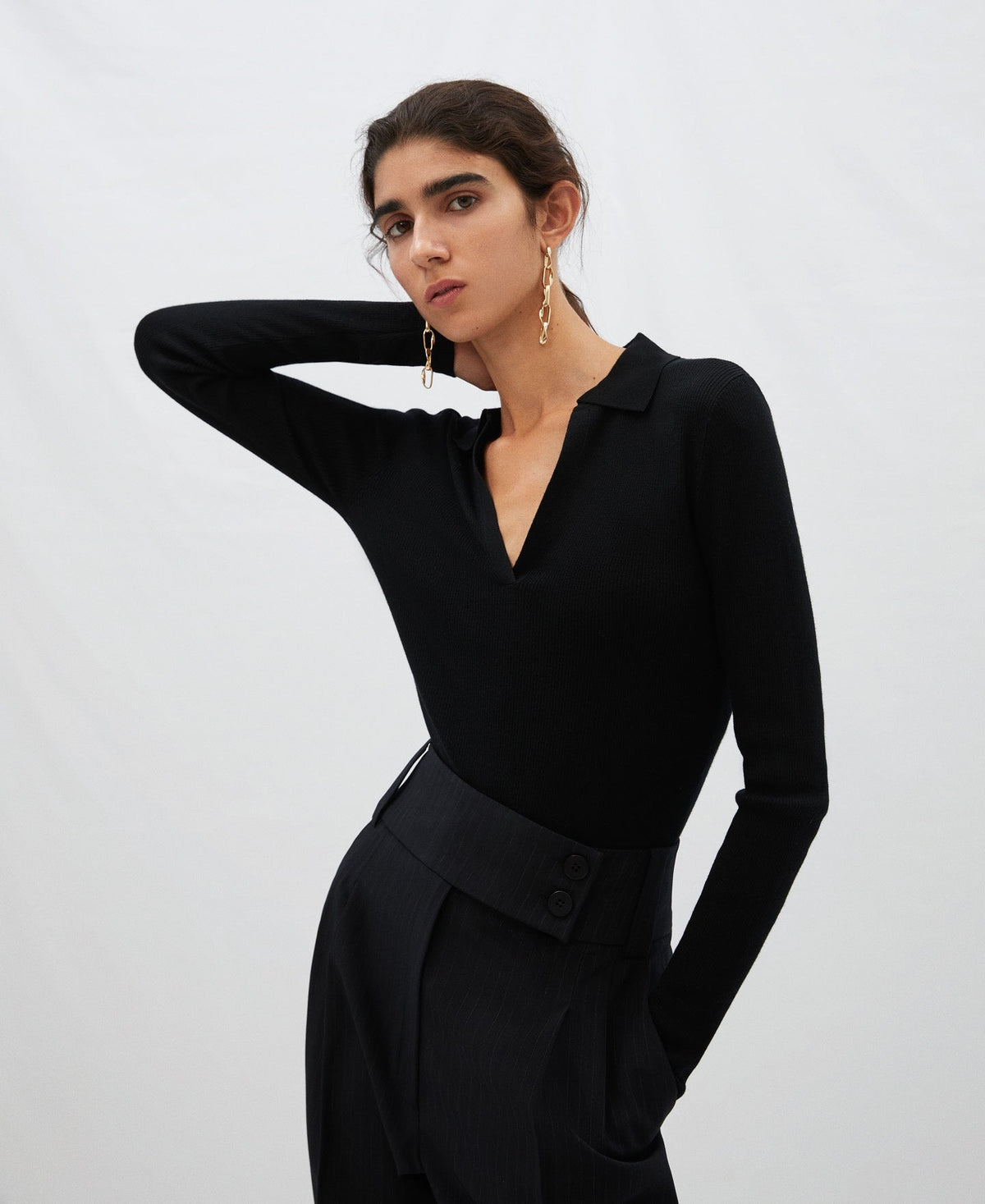 Women Knit Polo | Black Merino Wool Ribbed Sweater by Spanish designer Adolfo Dominguez