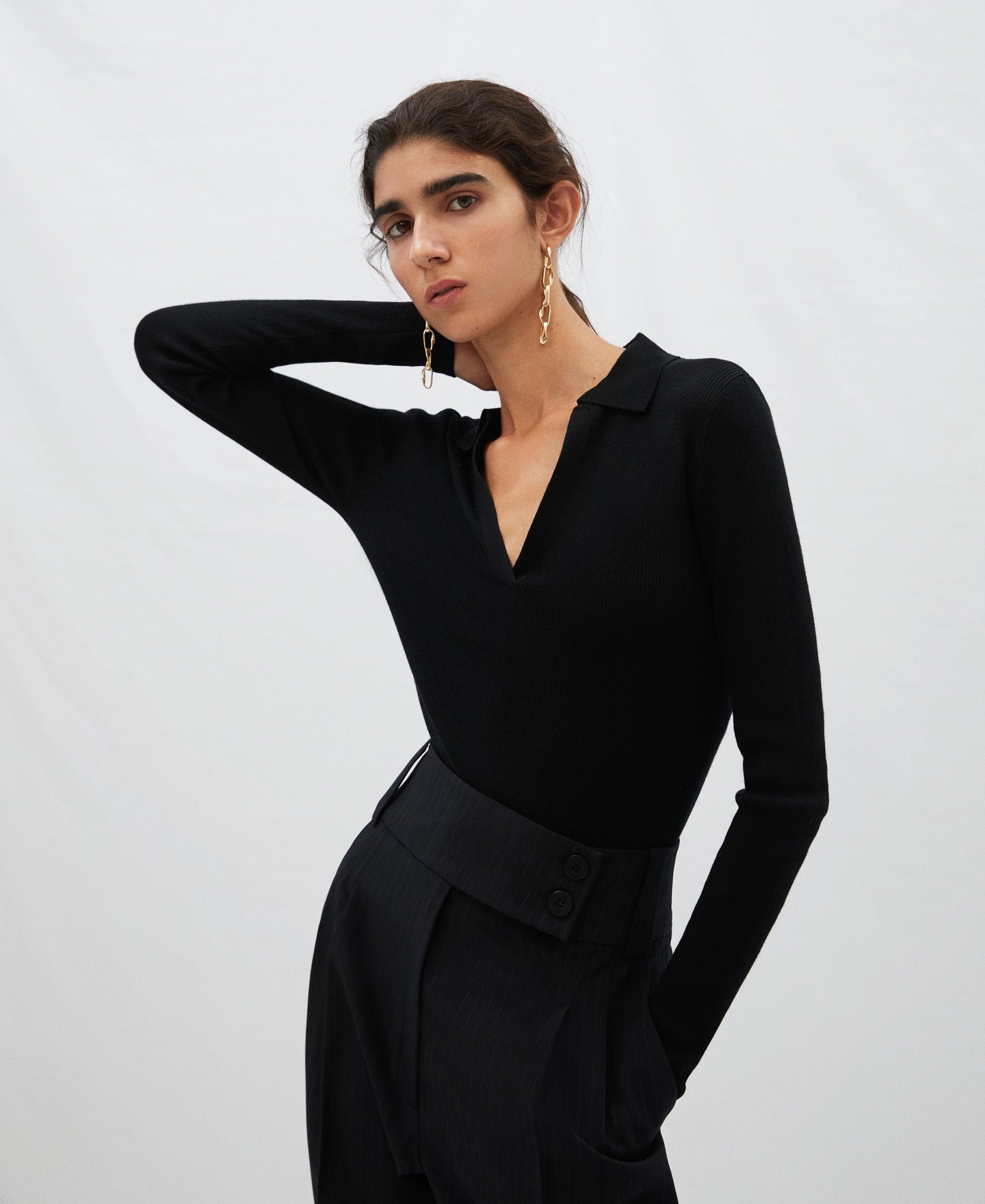 Women Knit Polo | Black Merino Wool Ribbed Sweater by Spanish designer Adolfo Dominguez