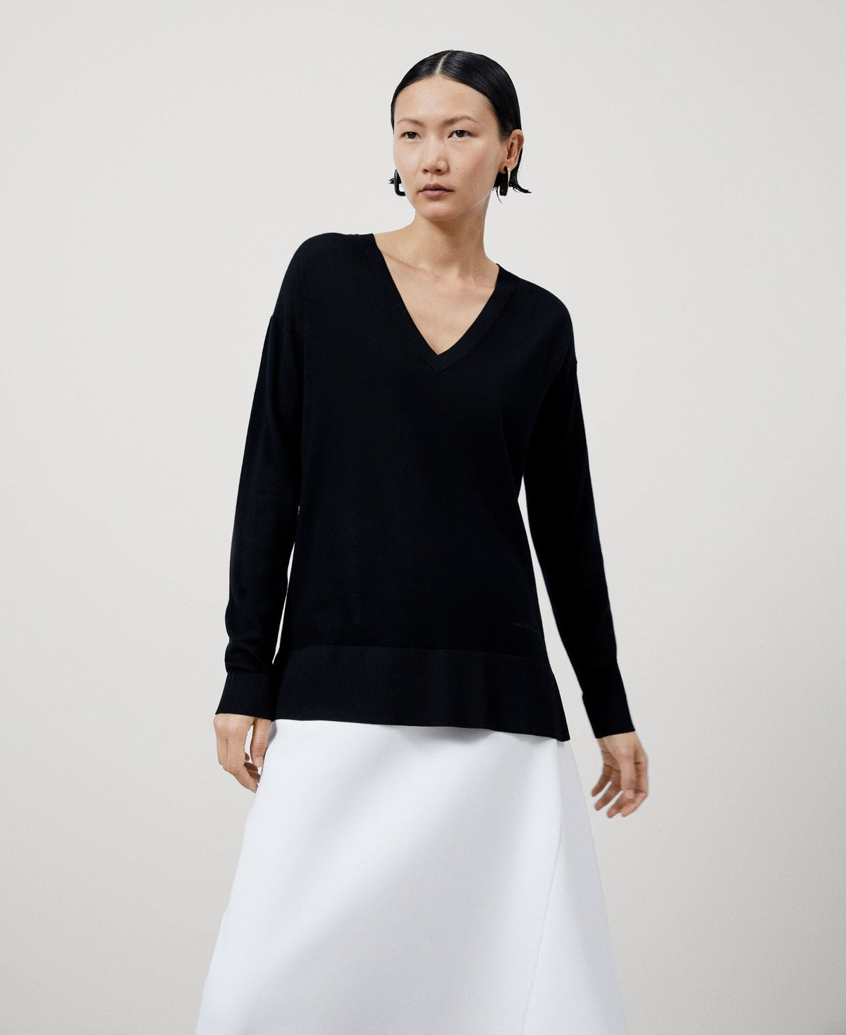 Women Jersey | Black Merino Wool V-Neck Sweater by Spanish designer Adolfo Dominguez