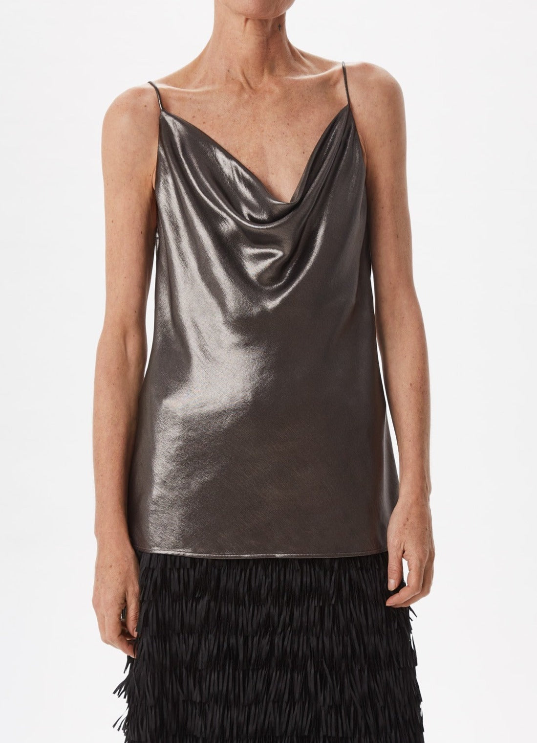 Women Top | Black Metallic Fabric Top With Draped Neckline by Spanish designer Adolfo Dominguez