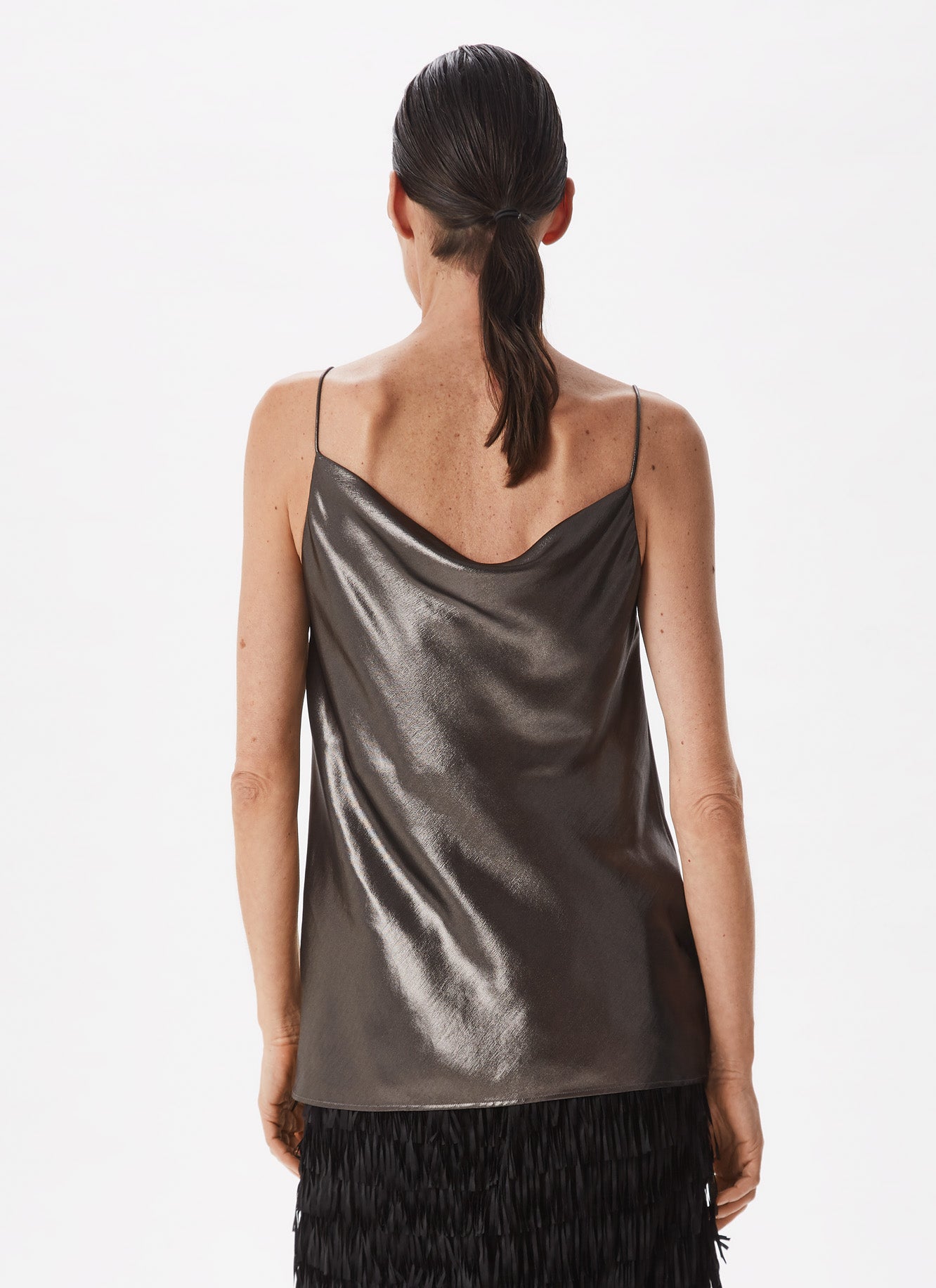 Women Top | Black Metallic Fabric Top With Draped Neckline by Spanish designer Adolfo Dominguez