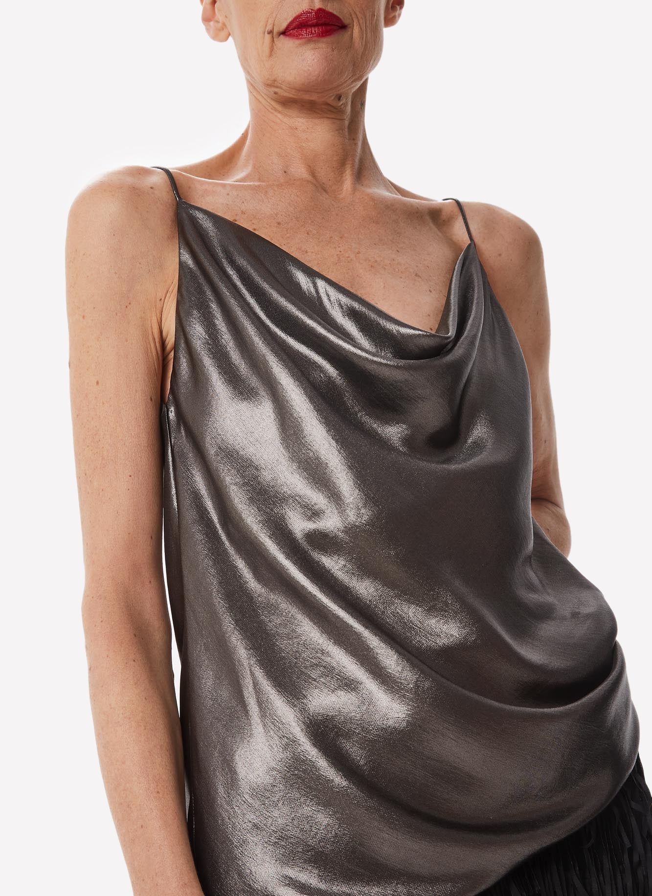 Women Top | Black Metallic Fabric Top With Draped Neckline by Spanish designer Adolfo Dominguez