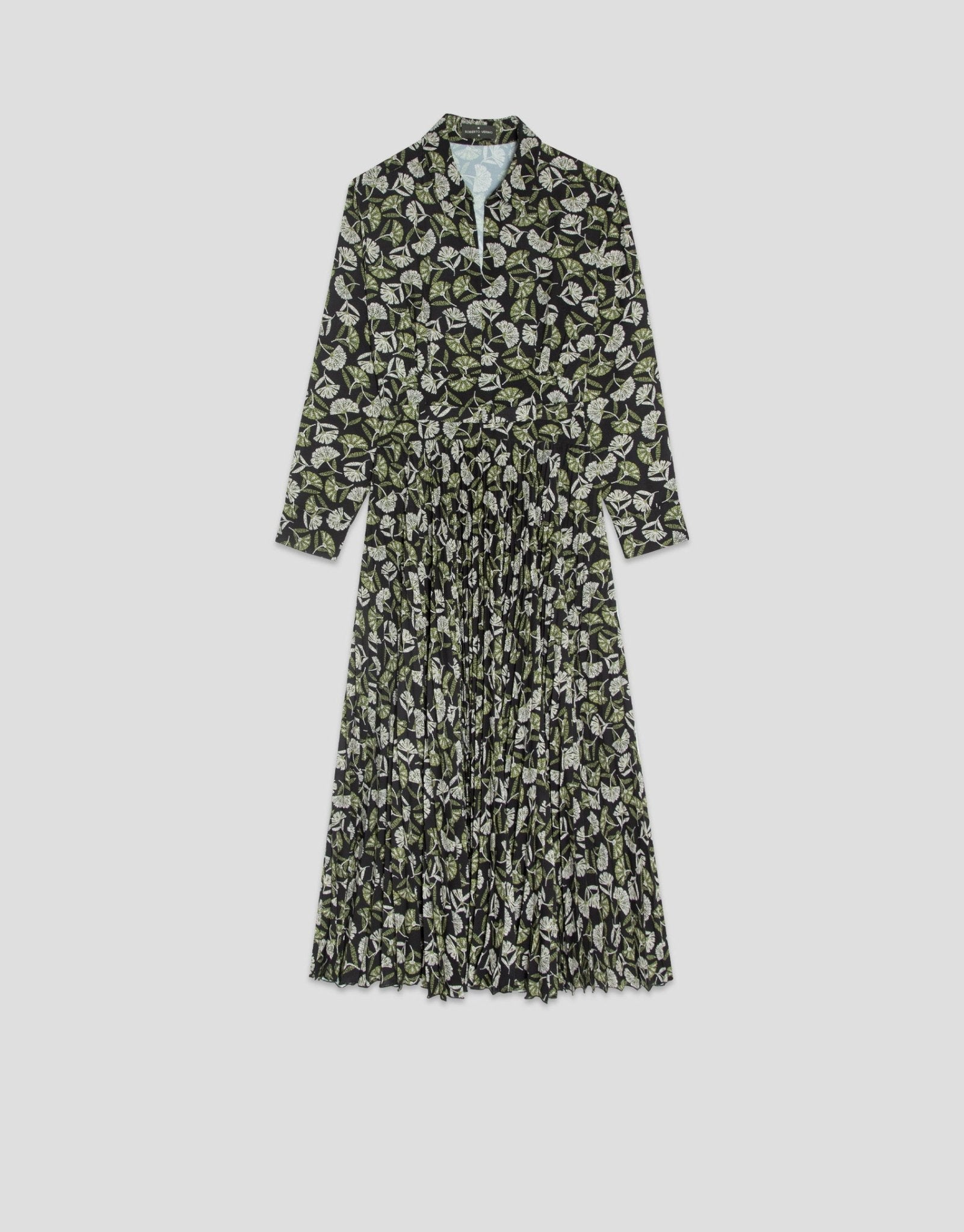 Dresses | Black midi pleated dress with green leaf print by Spanish designer Roberto Verino