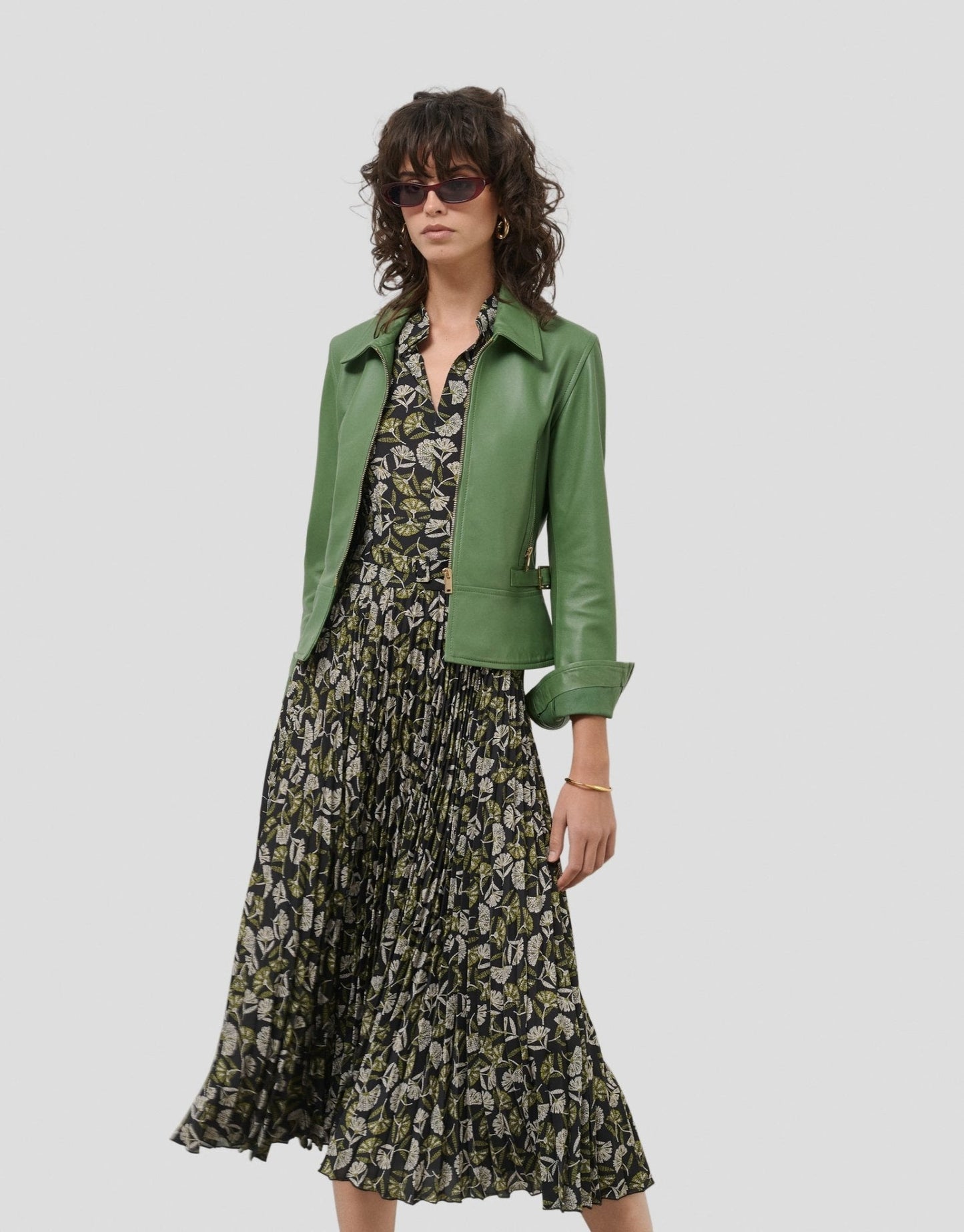 Dresses | Black midi pleated dress with green leaf print by Spanish designer Roberto Verino