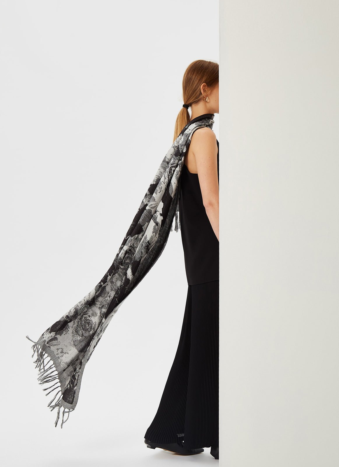Women Shawl | Black Oriental-Style Jacquard Shawl by Spanish designer Adolfo Dominguez