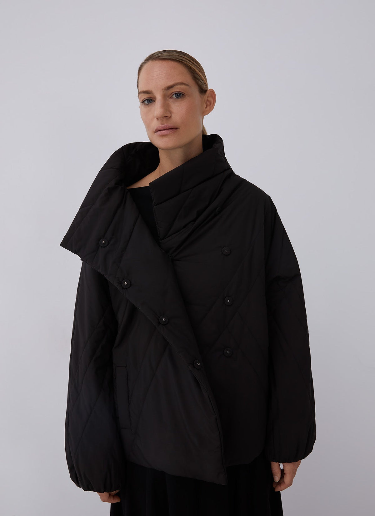 Women Short Jacket | Black Padded Jacket With Side Closure by Spanish designer Adolfo Dominguez