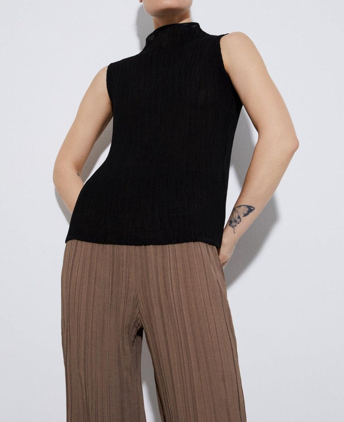Women Top | Black Perkins Collar Top In Crinkle by Spanish designer Adolfo Dominguez