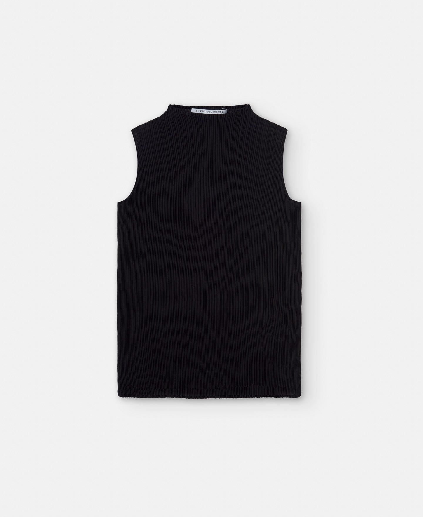 Women Top | Black Perkins Collar Top In Crinkle by Spanish designer Adolfo Dominguez