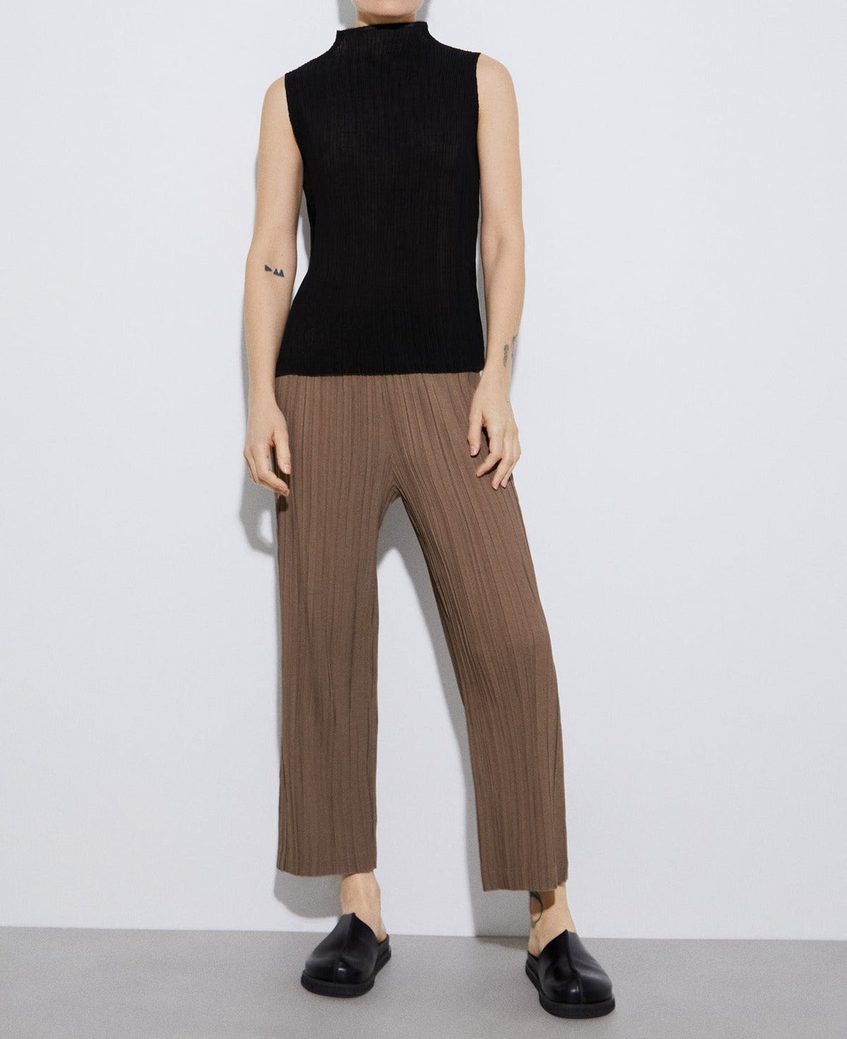 Women Top | Black Perkins Collar Top In Crinkle by Spanish designer Adolfo Dominguez