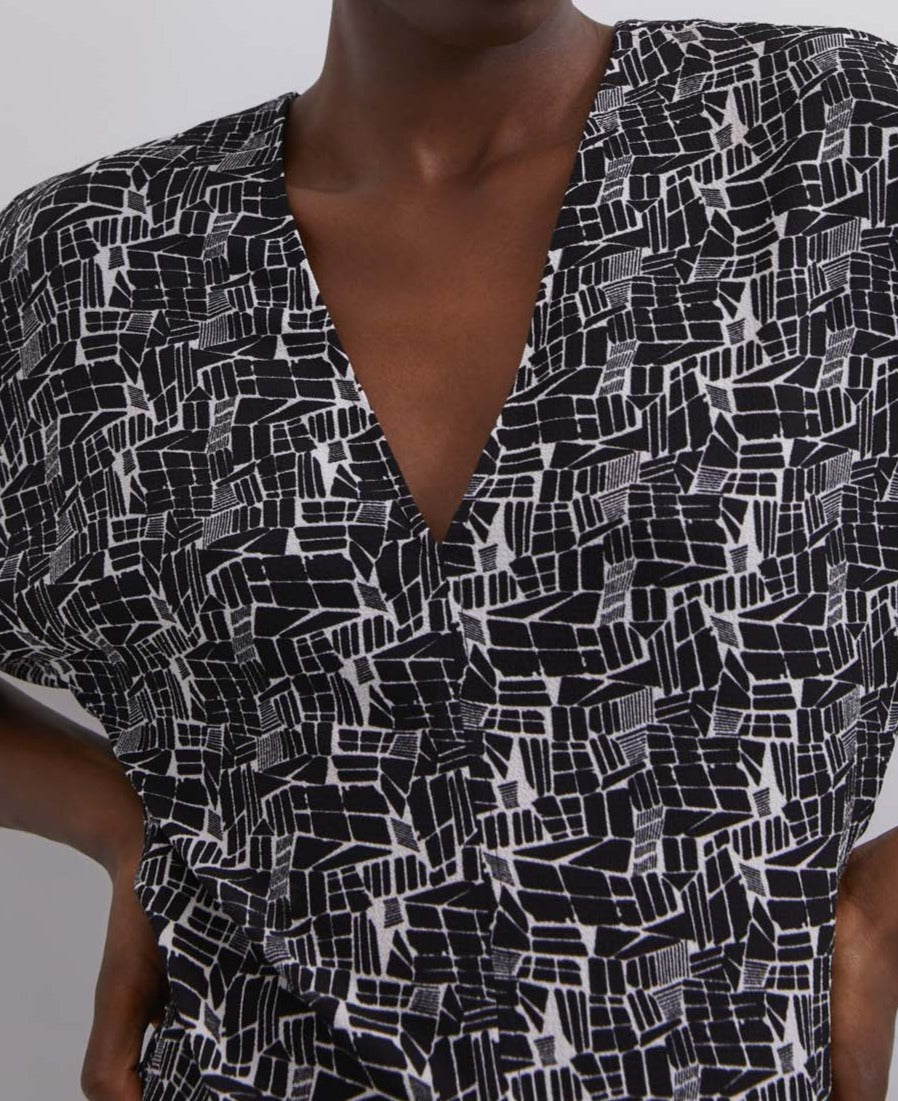 Women Short Sleeved Shirt | Black Print V-Neck Printed Top by Spanish designer Adolfo Dominguez