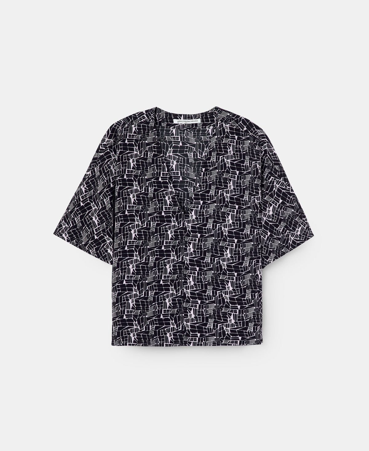 Women Short Sleeved Shirt | Black Print V-Neck Printed Top by Spanish designer Adolfo Dominguez