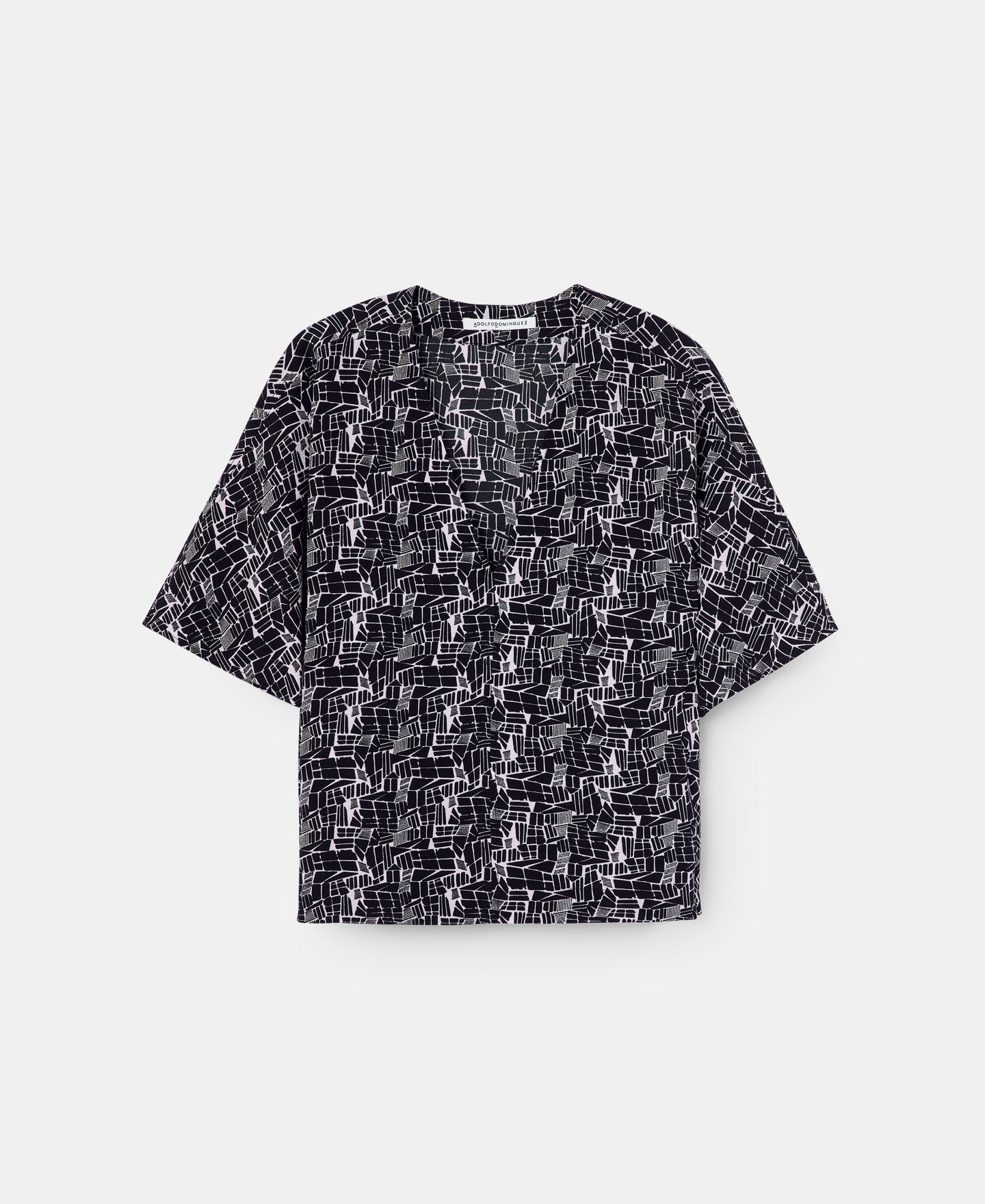 Women Short Sleeved Shirt | Black Print V-Neck Printed Top by Spanish designer Adolfo Dominguez