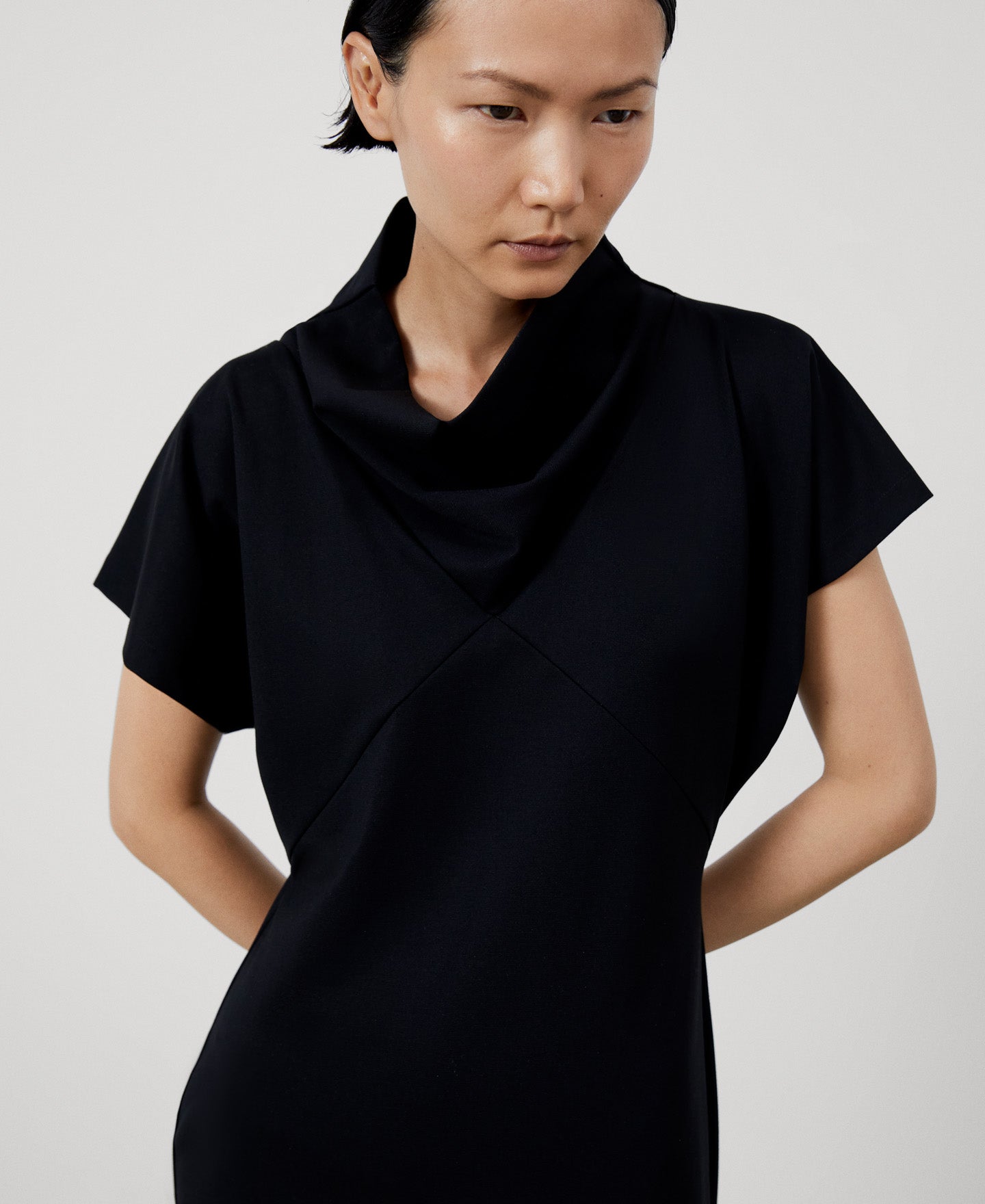 Women Dress | Black Recycled Nylon Draped Dress by Spanish designer Adolfo Dominguez