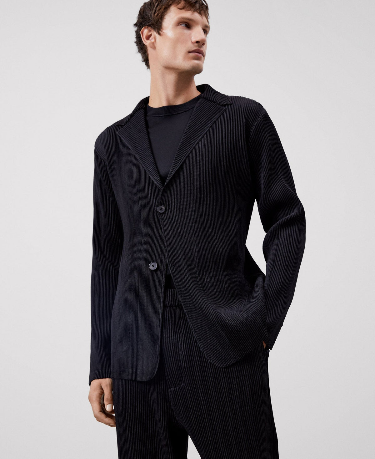 Men Overshirt | Black Recycled Polyester Crinkle Blazer by Spanish designer Adolfo Dominguez