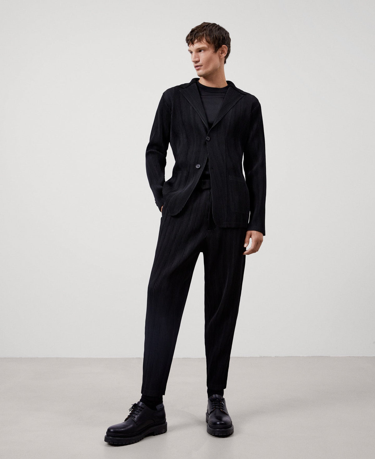 Men Overshirt | Black Recycled Polyester Crinkle Blazer by Spanish designer Adolfo Dominguez