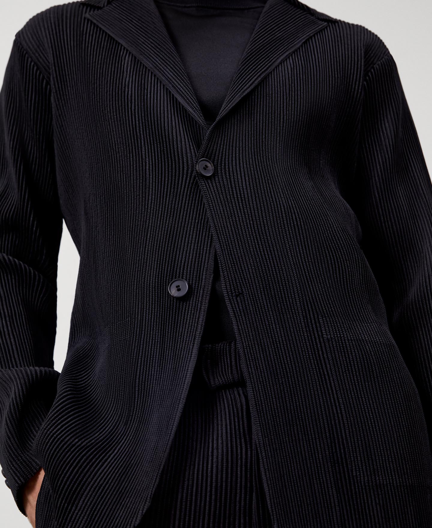 Men Overshirt | Black Recycled Polyester Crinkle Blazer by Spanish designer Adolfo Dominguez
