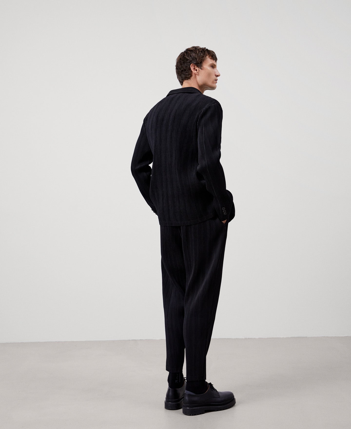 Men Overshirt | Black Recycled Polyester Crinkle Blazer by Spanish designer Adolfo Dominguez
