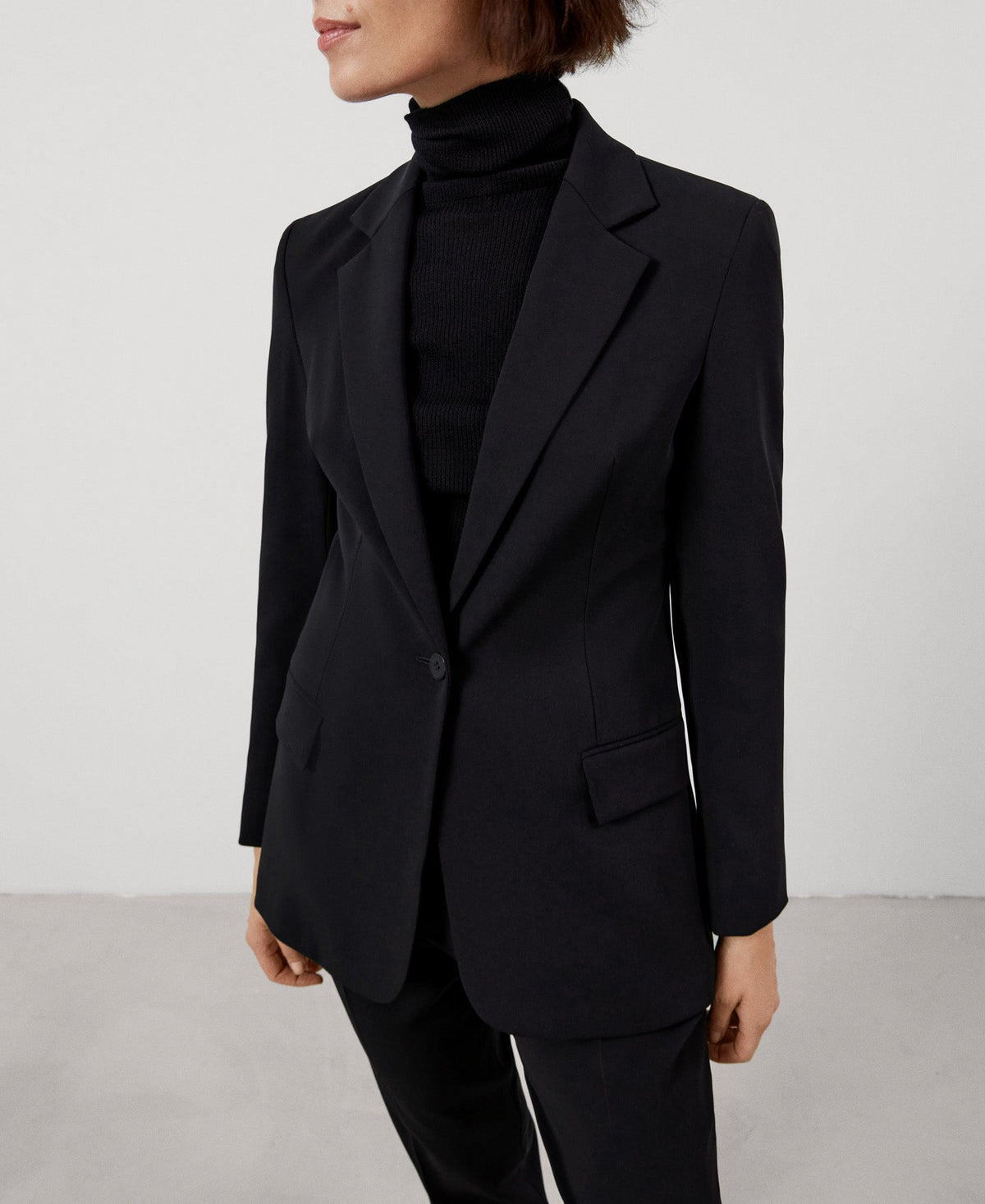 Women Structured Jacket | Black Recycled Polyester Fitted Blazer by Spanish designer Adolfo Dominguez