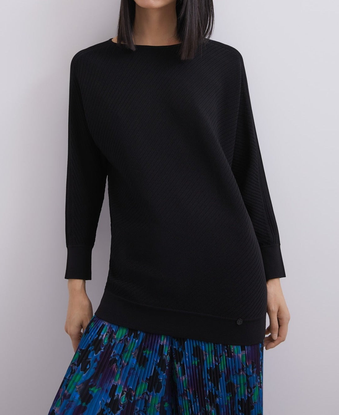 Women Jersey | Black Ribbed Knit Sweater With Bat Sleeve by Spanish designer Adolfo Dominguez