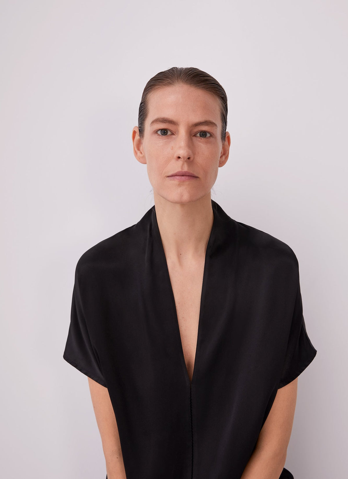 Women T-Shirt (Short Sleeve) | Black Satin Viscose T-Shirt by Spanish designer Adolfo Dominguez