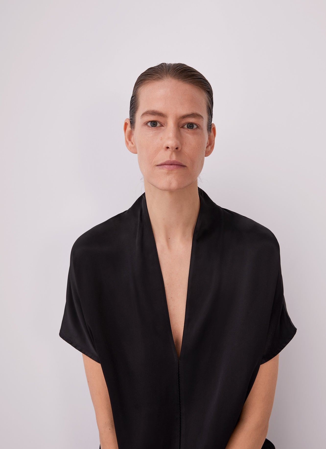 Women T-Shirt (Short Sleeve) | Black Satin Viscose T-Shirt by Spanish designer Adolfo Dominguez