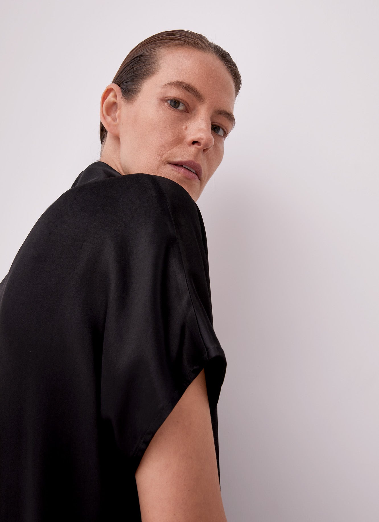 Women T-Shirt (Short Sleeve) | Black Satin Viscose T-Shirt by Spanish designer Adolfo Dominguez