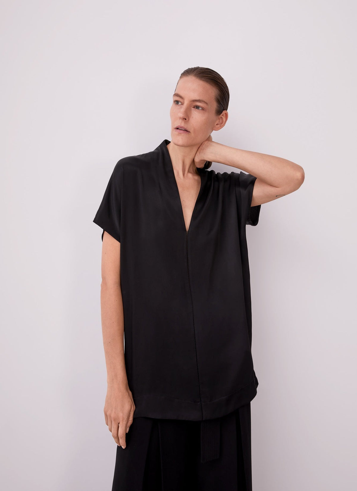 Women T-Shirt (Short Sleeve) | Black Satin Viscose T-Shirt by Spanish designer Adolfo Dominguez