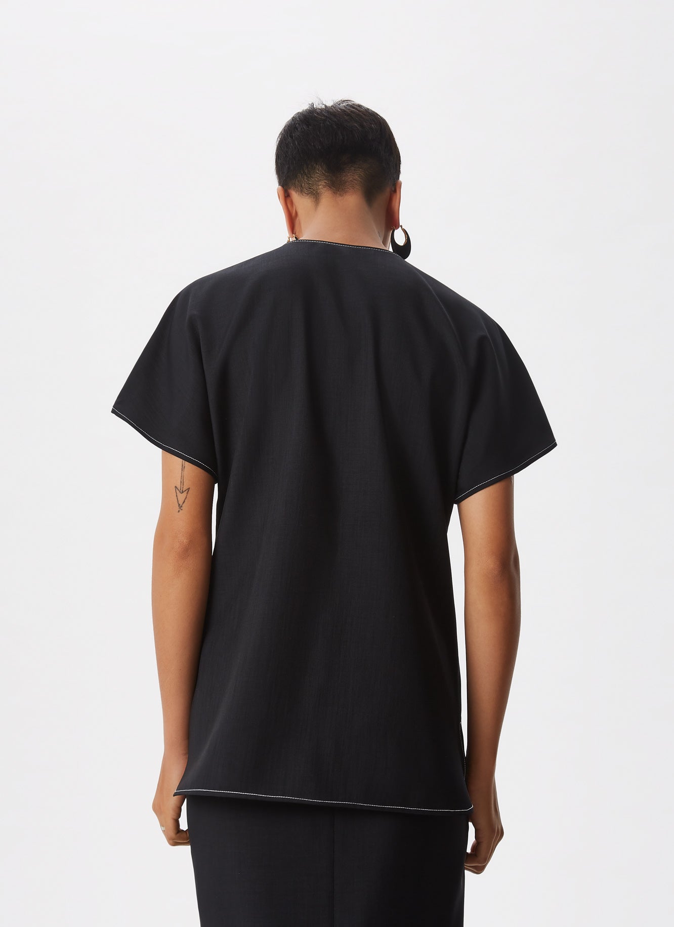 Women Short Sleeved Shirt | Black Shirt With Visible Stitching And Belt by Spanish designer Adolfo Dominguez