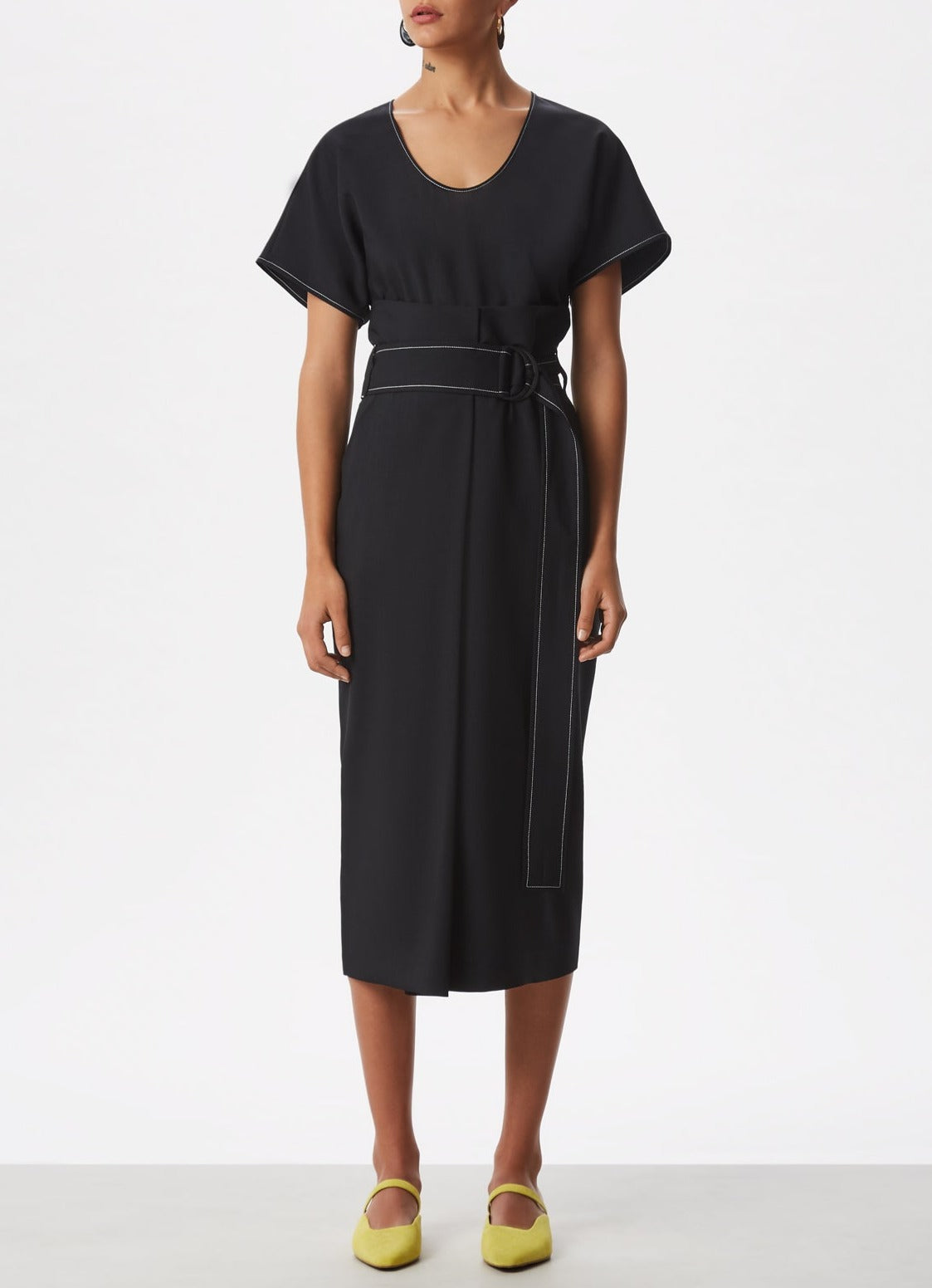 Women Short Sleeved Shirt | Black Shirt With Visible Stitching And Belt by Spanish designer Adolfo Dominguez