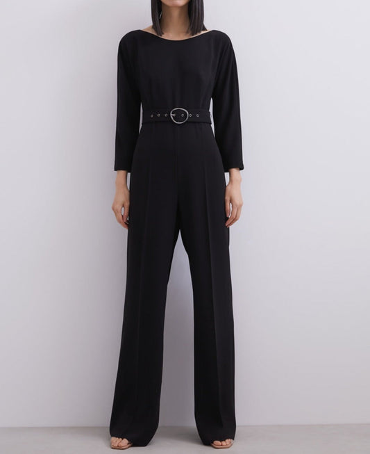 Women Jumpsuit | Black Straight Jumpsuit With Bateau Neckline by Spanish designer Adolfo Dominguez