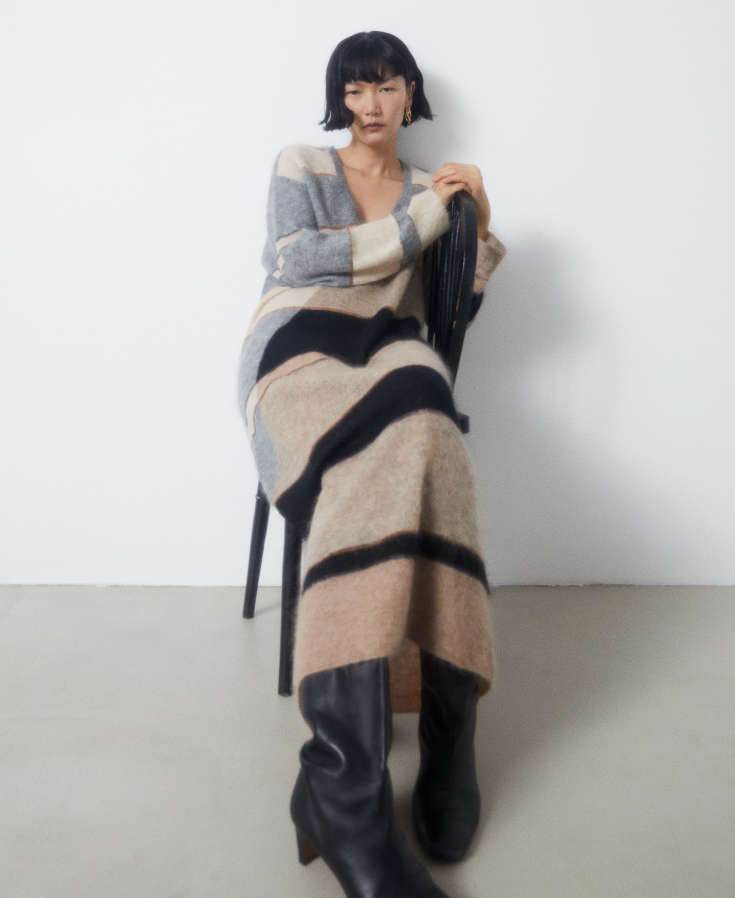 Women Dress | Black Stripe Long Striped Dress In Carded Mohair by Spanish designer Adolfo Dominguez