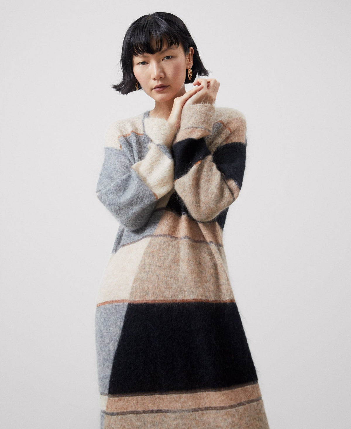 Women Dress | Black Stripe Long Striped Dress In Carded Mohair by Spanish designer Adolfo Dominguez