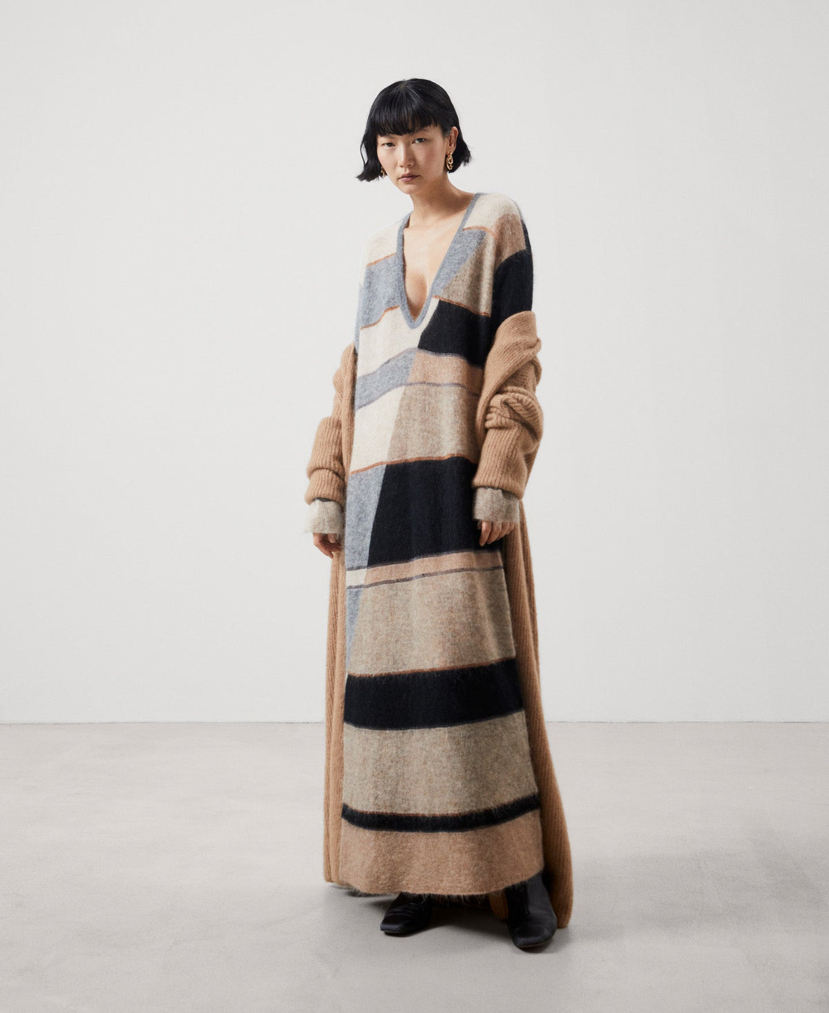 Women Dress | Black Stripe Long Striped Dress In Carded Mohair by Spanish designer Adolfo Dominguez