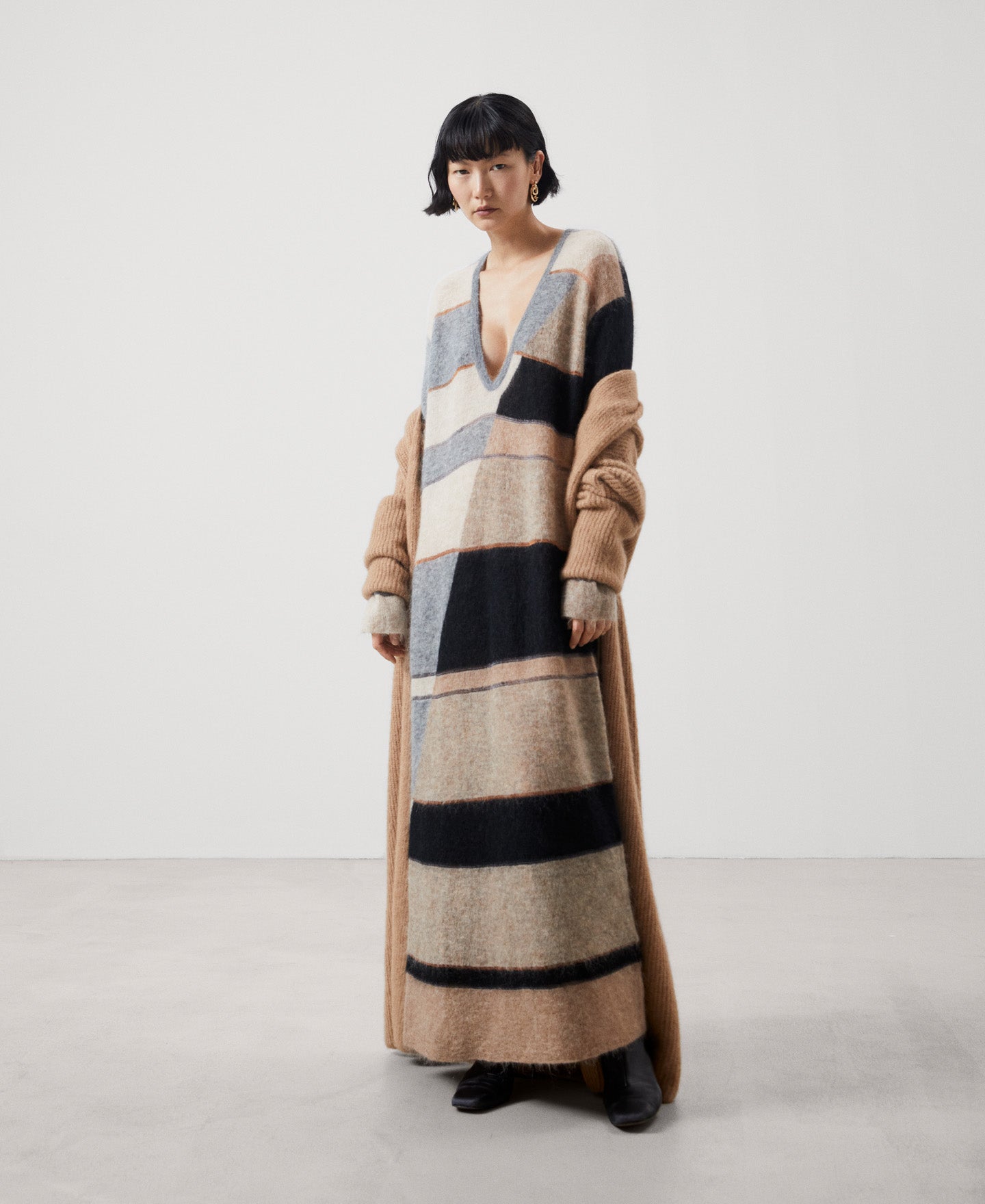 Women Dress | Black Stripe Long Striped Dress In Carded Mohair by Spanish designer Adolfo Dominguez