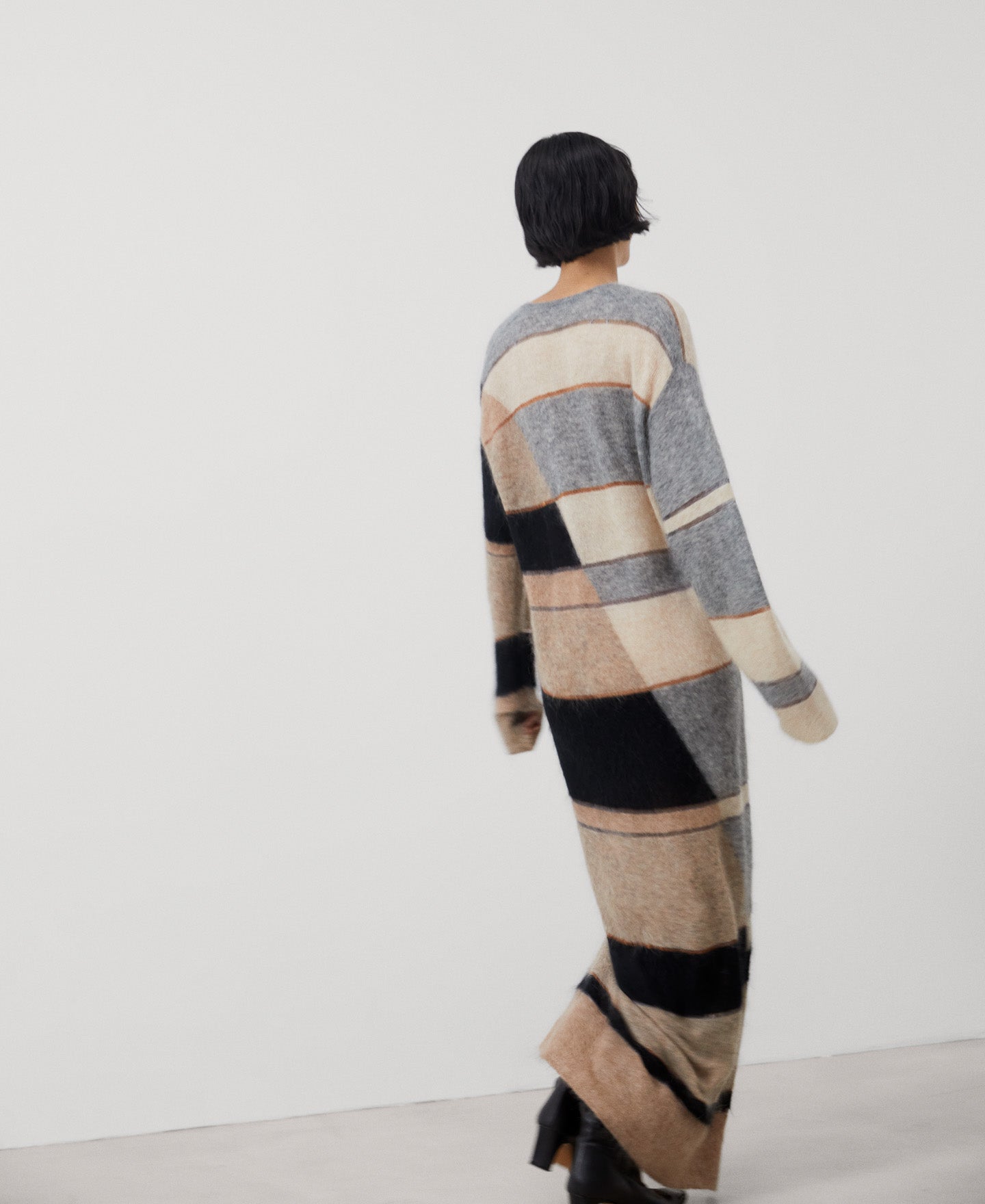 Women Dress | Black Stripe Long Striped Dress In Carded Mohair by Spanish designer Adolfo Dominguez