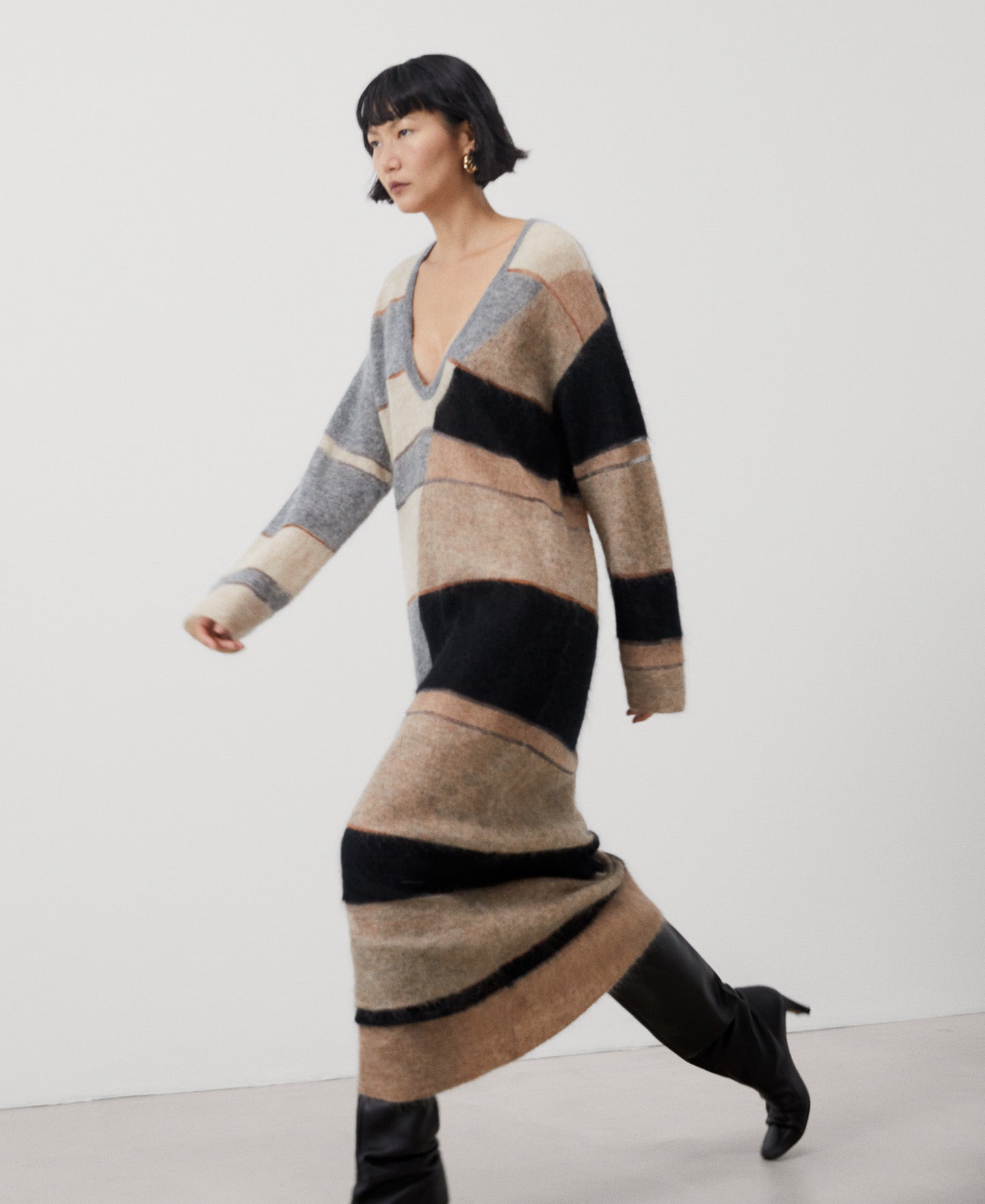 Women Dress | Black Stripe Long Striped Dress In Carded Mohair by Spanish designer Adolfo Dominguez