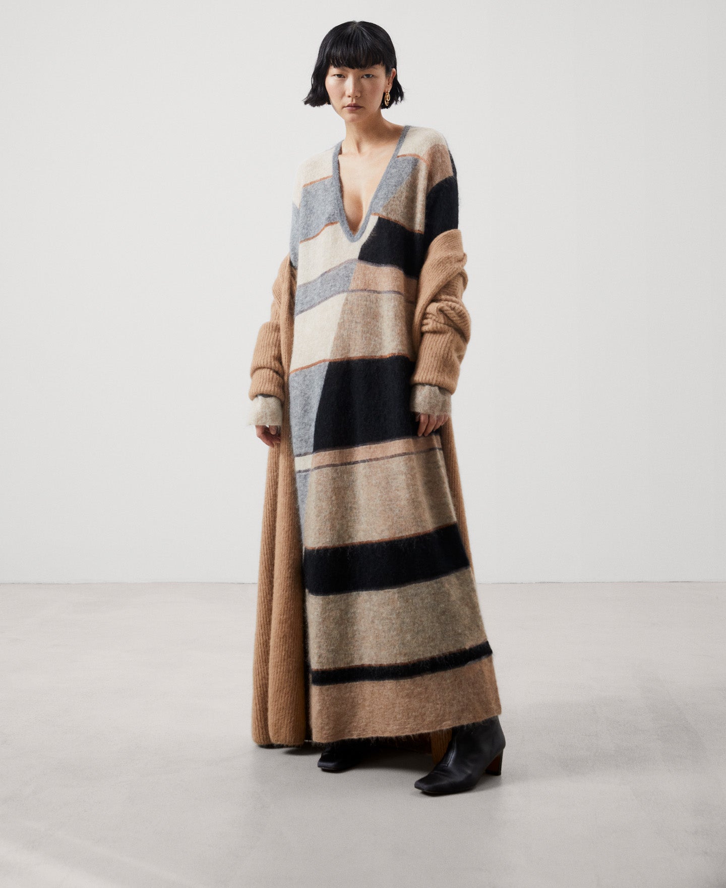 Women Dress | Black Stripe Long Striped Dress In Carded Mohair by Spanish designer Adolfo Dominguez