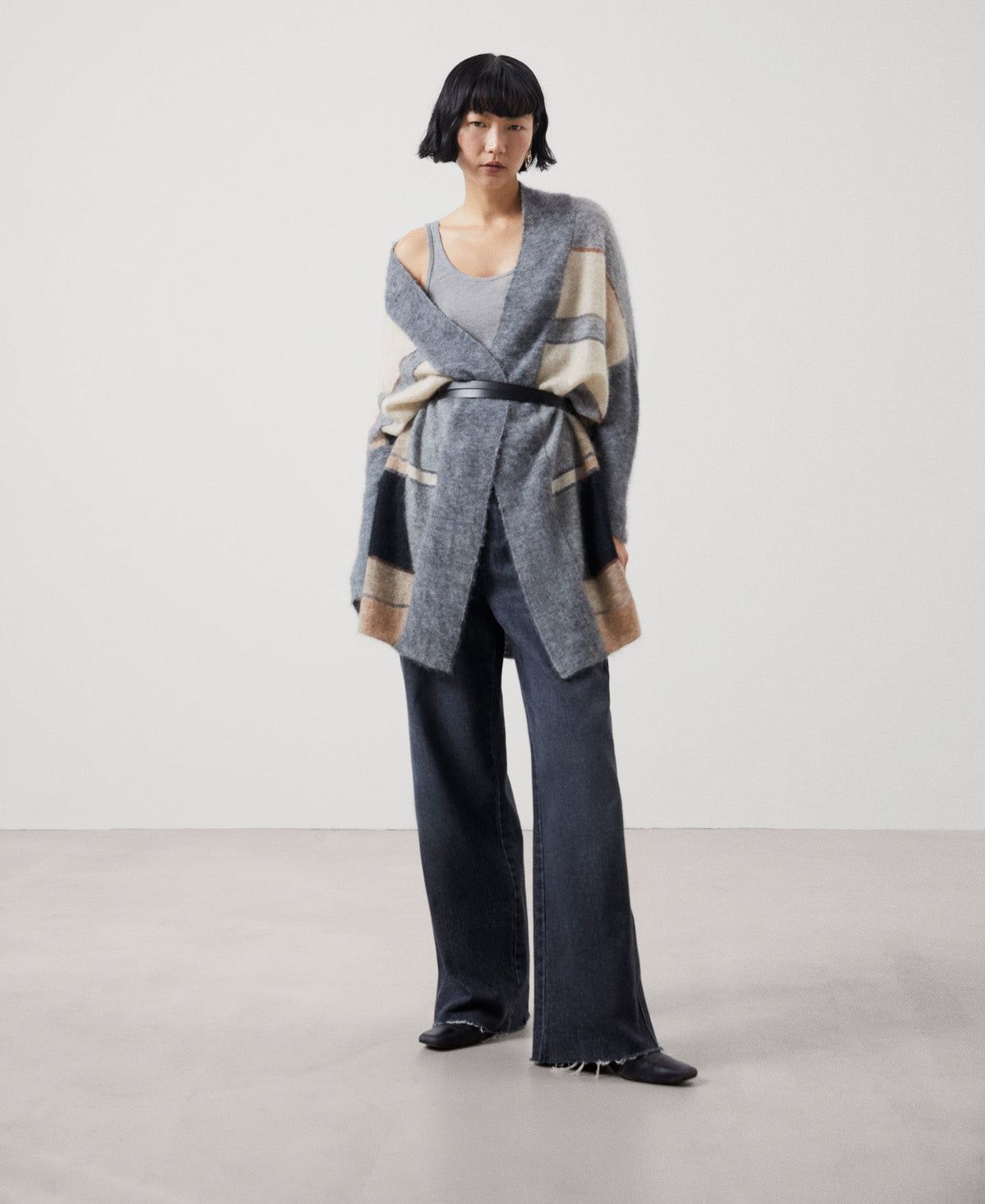 Women Knit Jacket | Black Stripe Two-Tone Wool Knitted Gloves by Spanish designer Adolfo Dominguez
