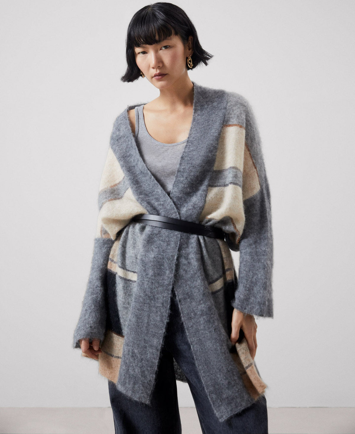 Women Knit Jacket | Black Stripe Two-Tone Wool Knitted Gloves by Spanish designer Adolfo Dominguez