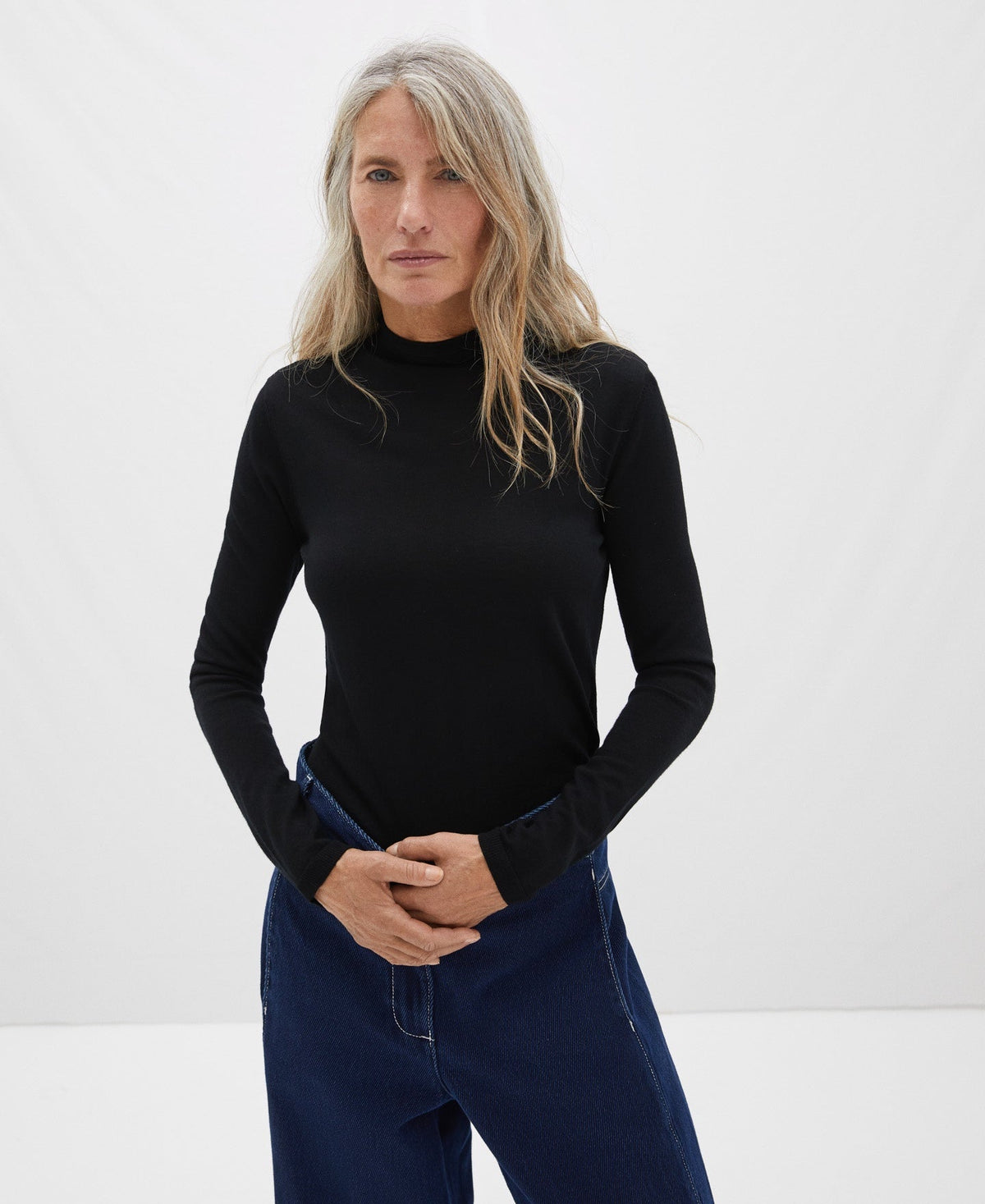 Women Jersey | Black Turtleneck Merino Wool Sweater by Spanish designer Adolfo Dominguez