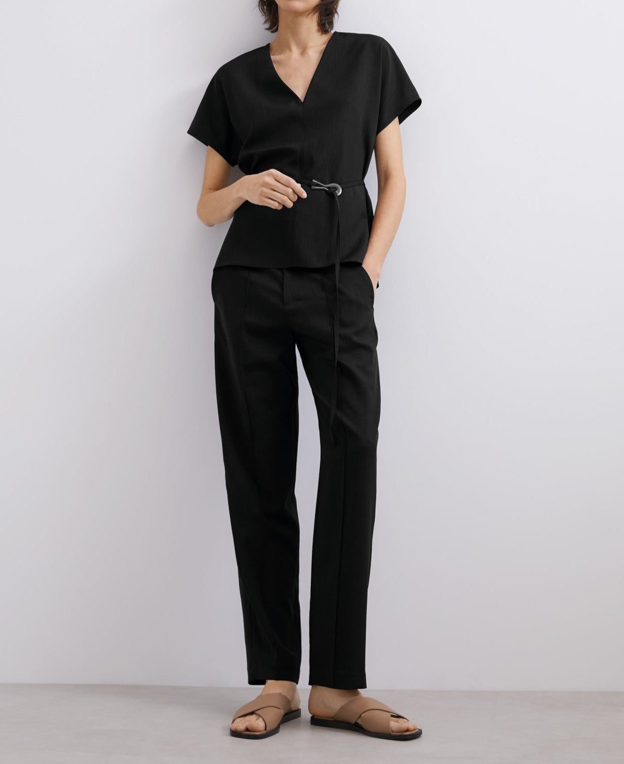 Women Short Sleeved Shirt | Black V Neckline Top With Belt by Spanish designer Adolfo Dominguez