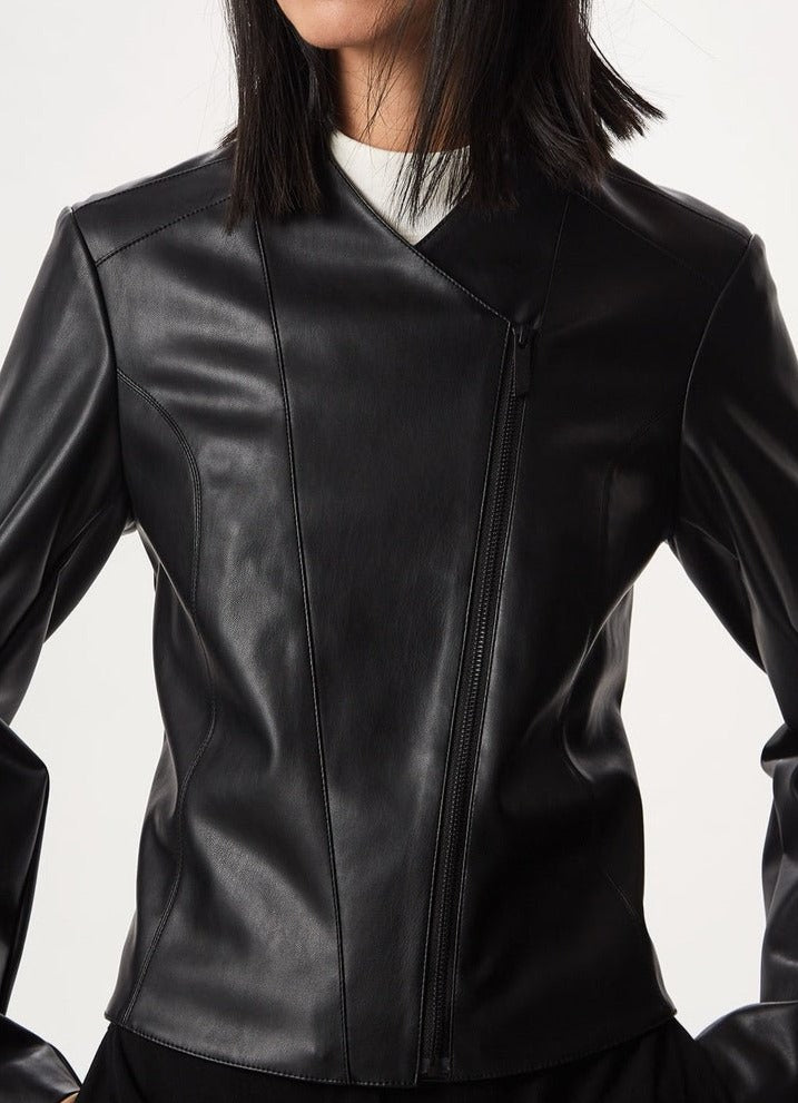 Women Ecoleather | Black Vegan Leather Slim Fit Jacket With Zipper by Spanish designer Adolfo Dominguez