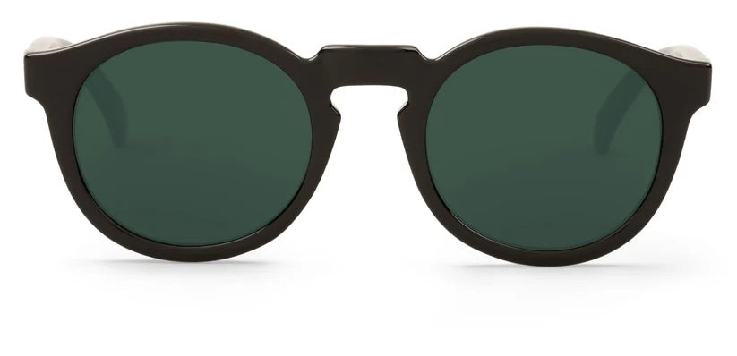 Round sunglasses with dark green lenses and black frame on a white background