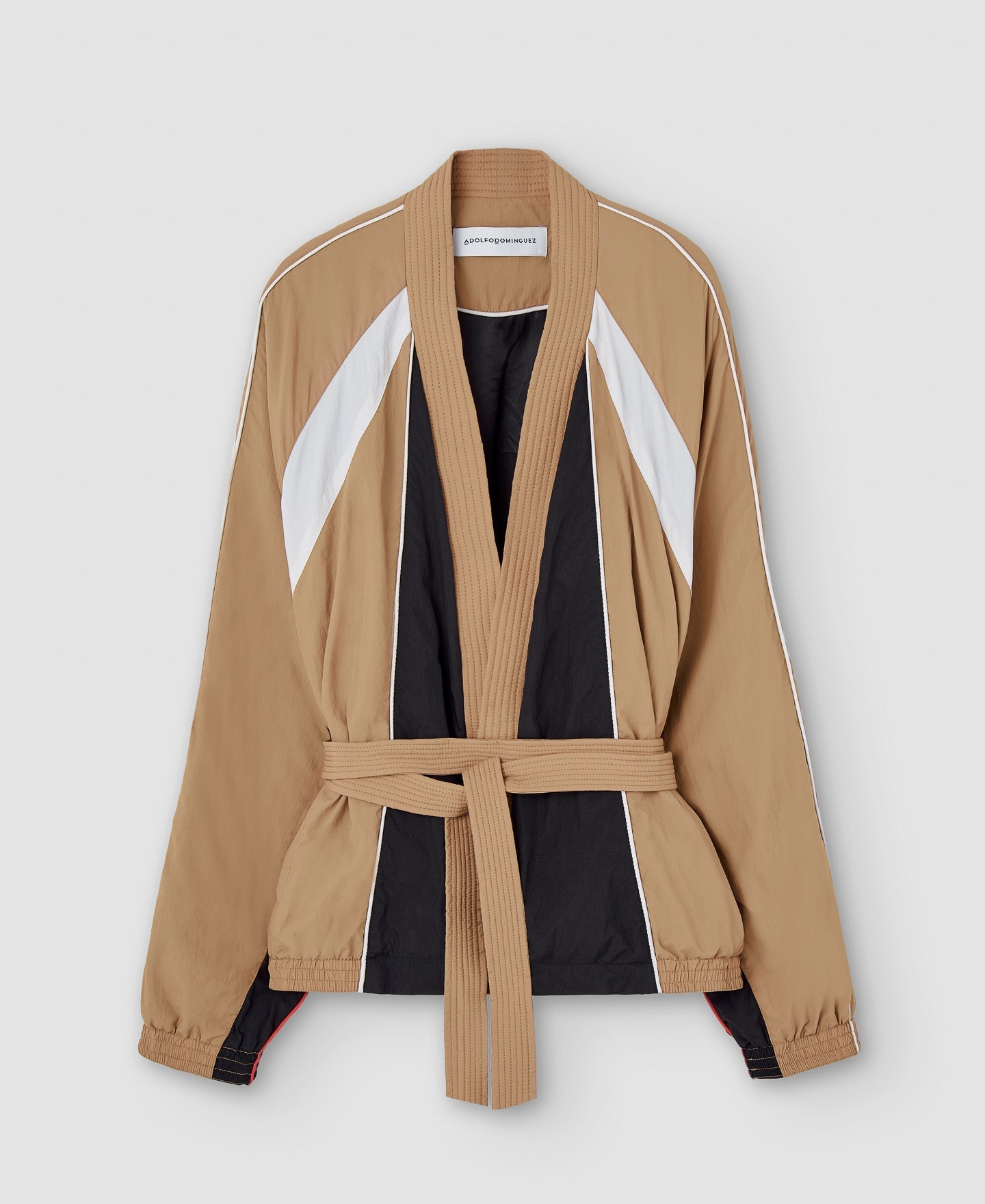 Women Short Jacket | Black/Camel Three-Color Nylon Kimono Jacket by Spanish designer Adolfo Dominguez