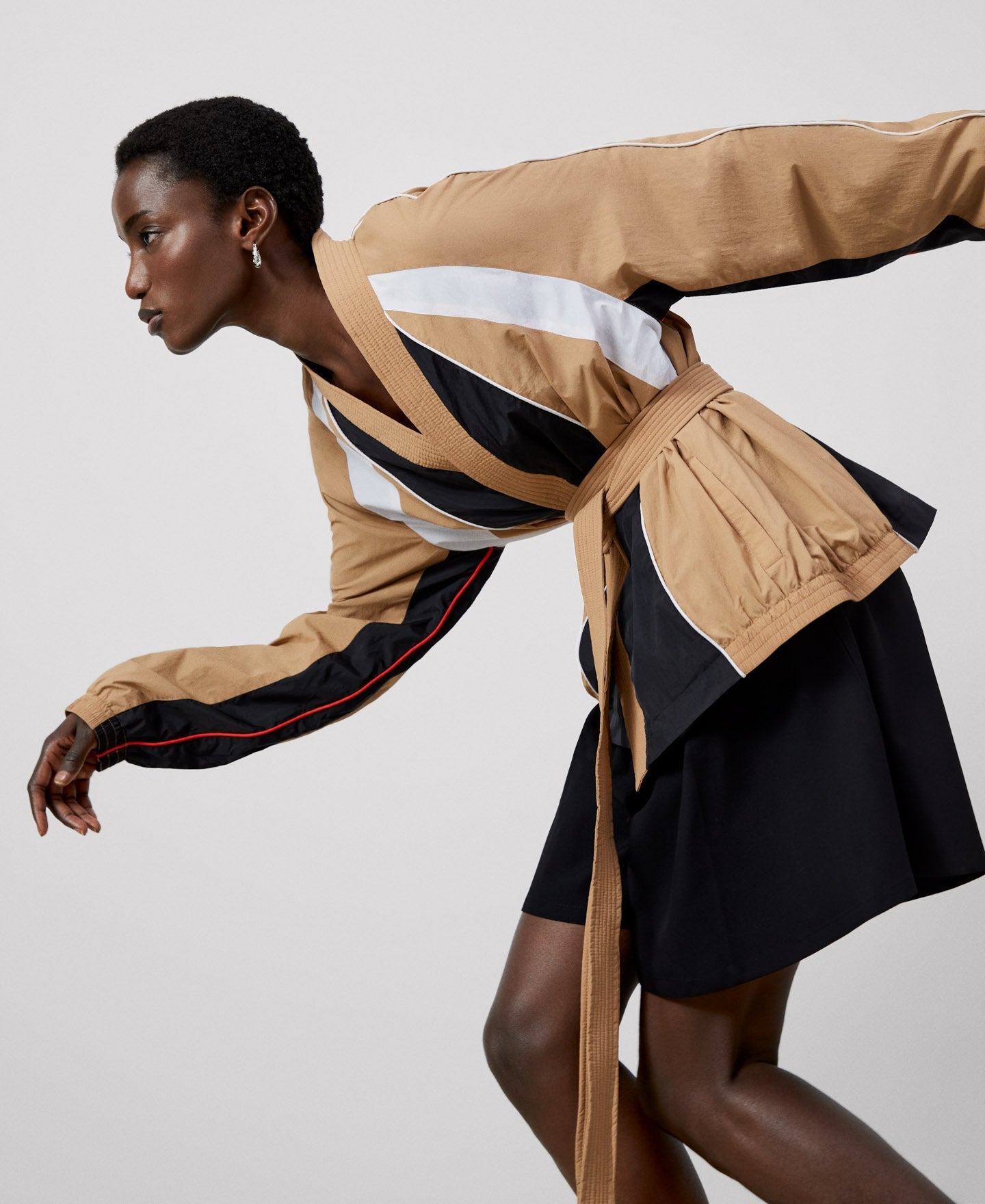 Women Short Jacket | Black/Camel Three-Color Nylon Kimono Jacket by Spanish designer Adolfo Dominguez