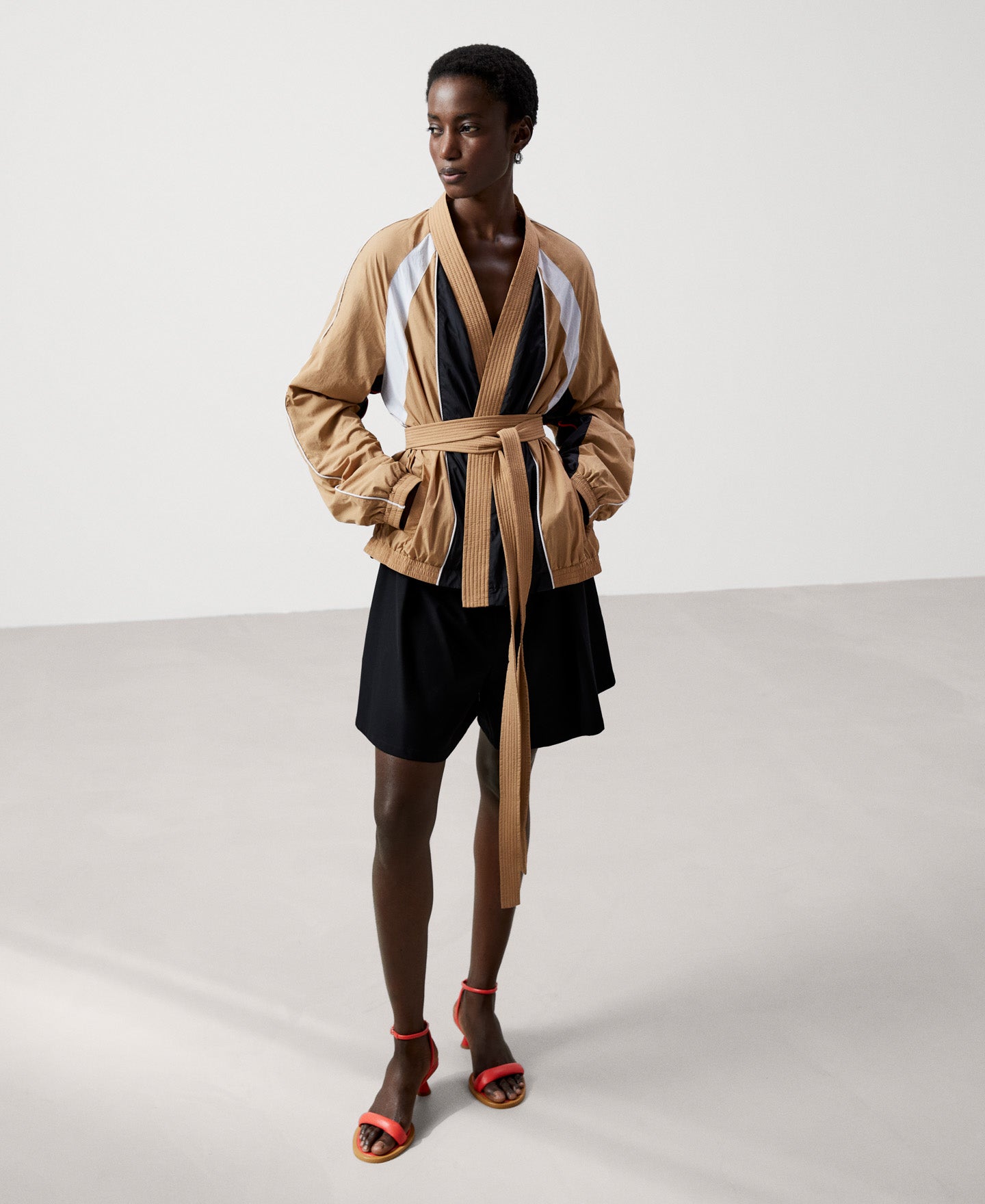 Women Short Jacket | Black/Camel Three-Color Nylon Kimono Jacket by Spanish designer Adolfo Dominguez